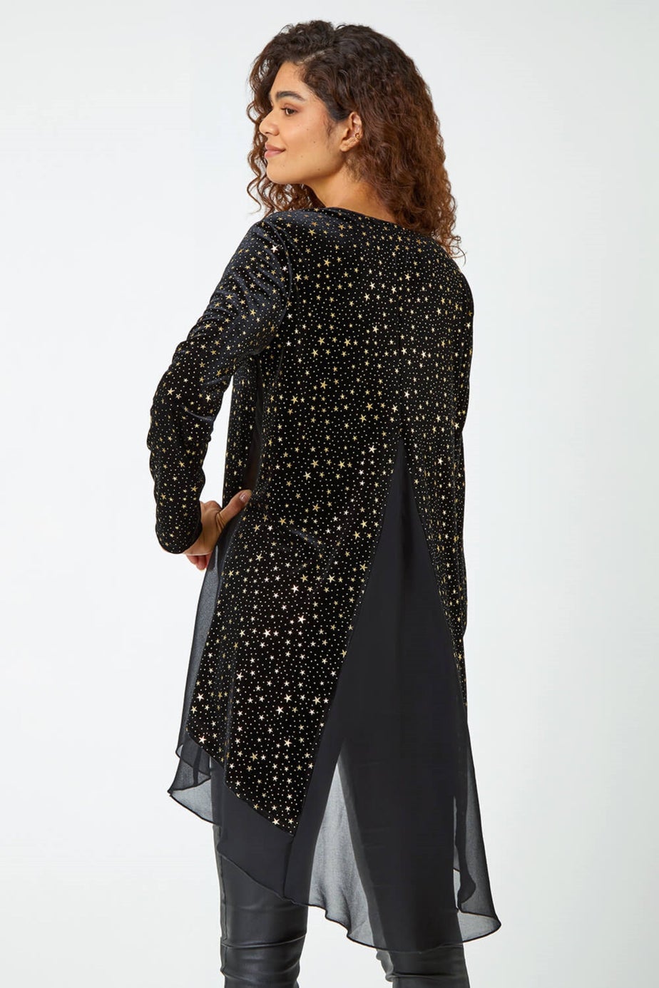Roman Gold Star Print Velvet Chiffon Hem Top