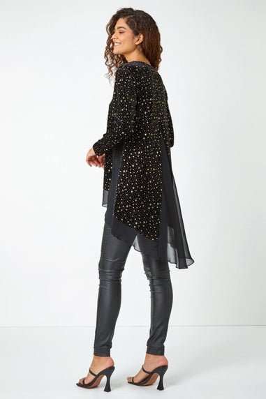 Roman Gold Star Print Velvet Chiffon Hem Top