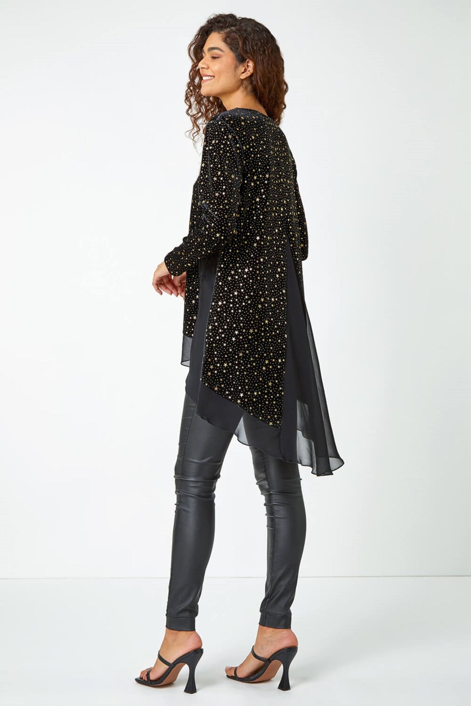 Roman Gold Star Print Velvet Chiffon Hem Top