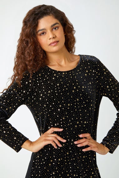 Roman Gold Star Print Velvet Chiffon Hem Top