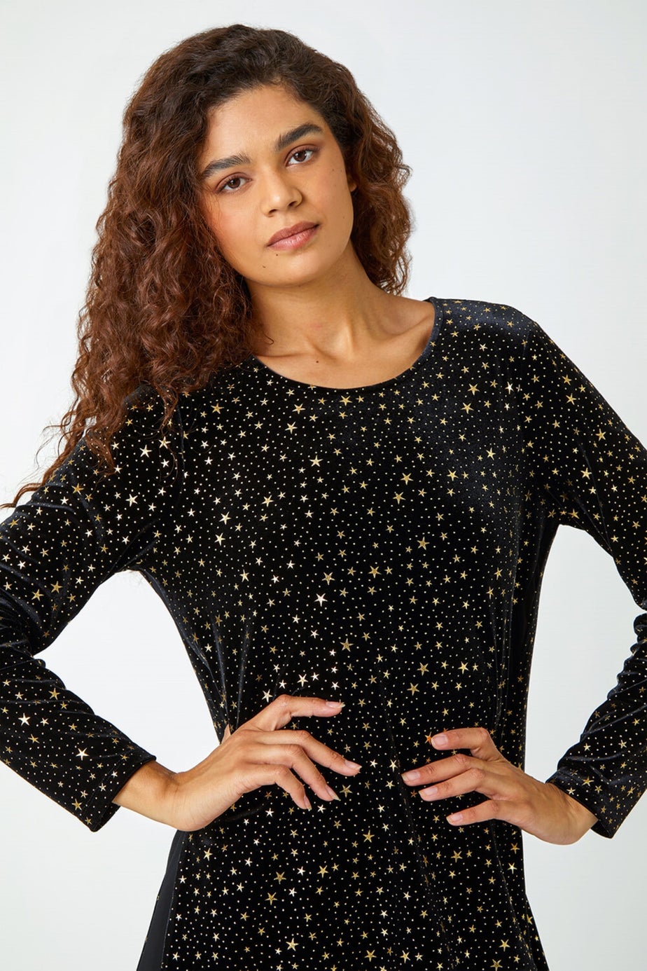 Roman Gold Star Print Velvet Chiffon Hem Top