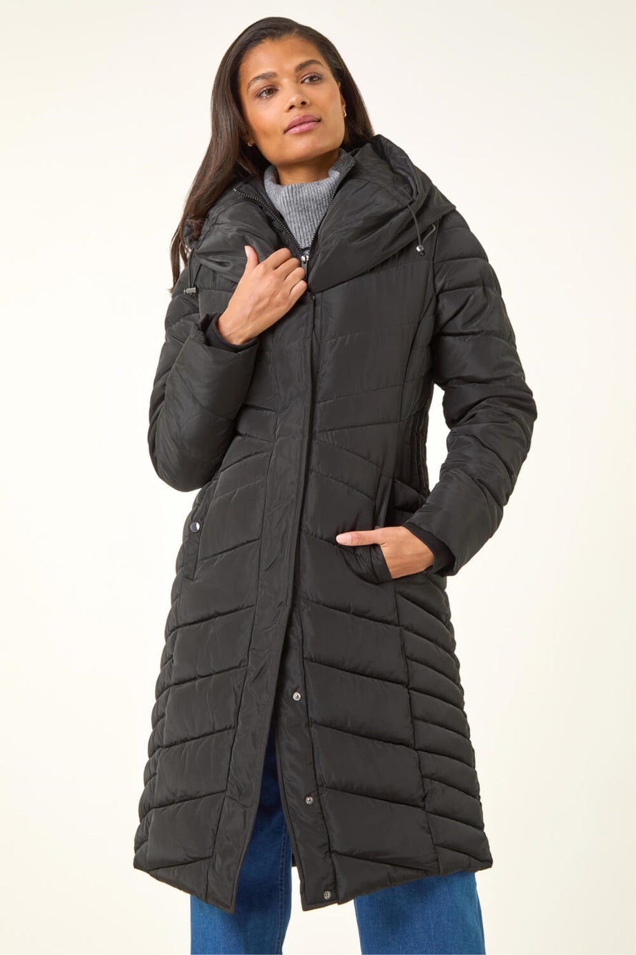 Roman Black Hooded Quilted Coat