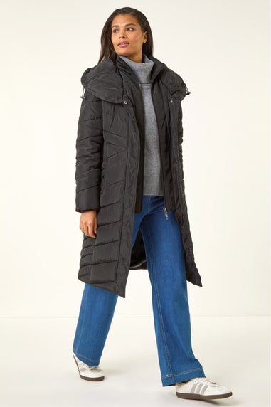 Roman Black Hooded Quilted Coat