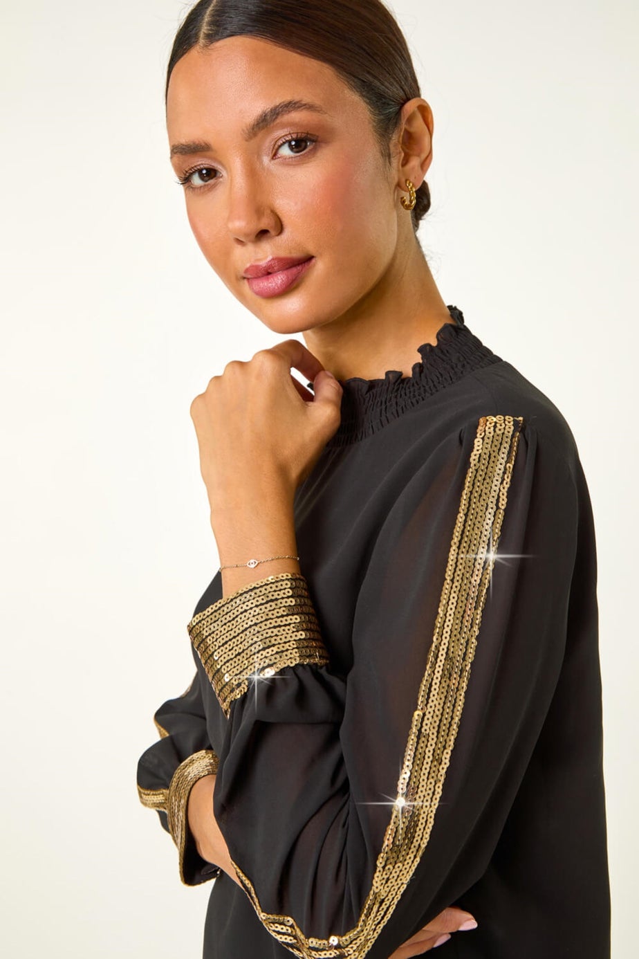 Roman Black Sequin Stripe High Neck Sleeve Top