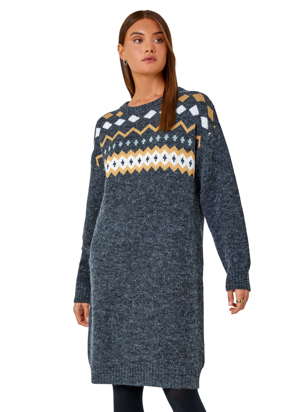Roman Dark Grey Nordic Print Knitted Jumper Dress