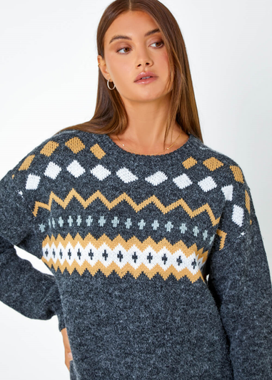 Roman Dark Grey Nordic Print Knitted Jumper Dress