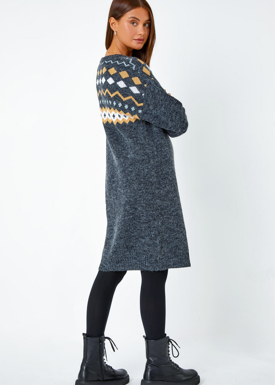 Roman Dark Grey Nordic Print Knitted Jumper Dress