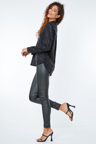 Roman Black Stretch Sequin V-Neck Shirt