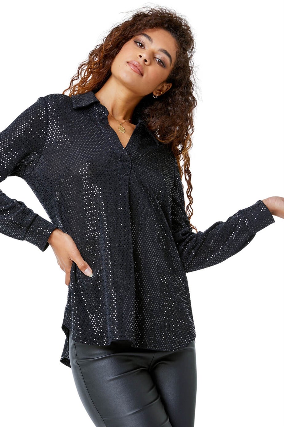 Roman Black Stretch Sequin V-Neck Shirt