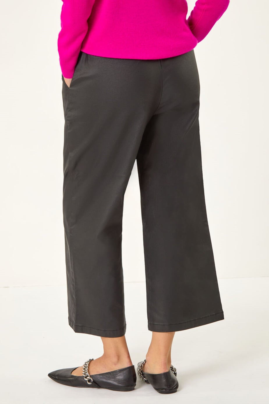 Roman Black Coated Wide Leg Cropped Trouser