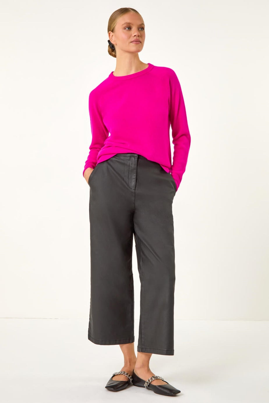 Roman Black Coated Wide Leg Cropped Trouser