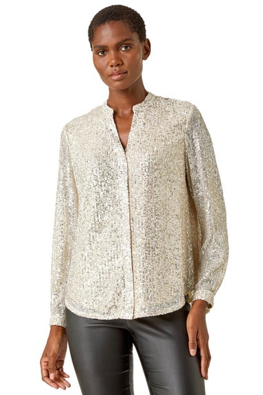 Roman Silver Embellished Sequin Stretch Blouse