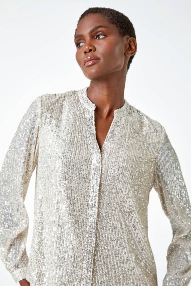 Roman Silver Embellished Sequin Stretch Blouse