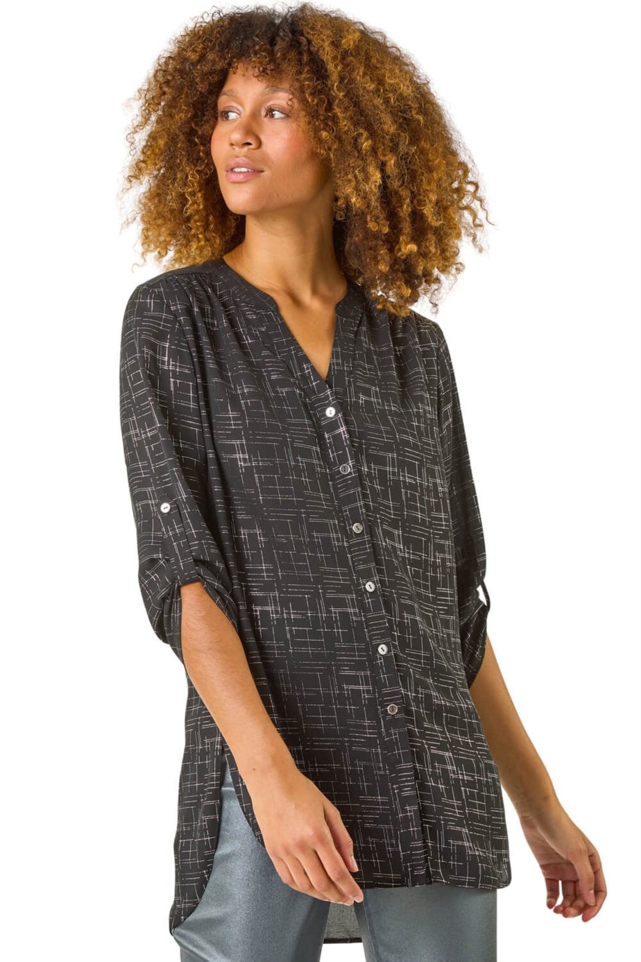 Roman Silver V-Neck Metallic Print Blouse