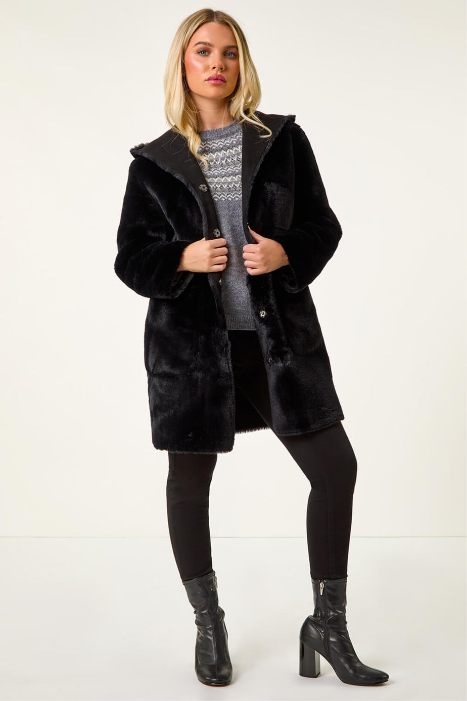Roman Black Petite Faux Sheepskin Hooded Coat