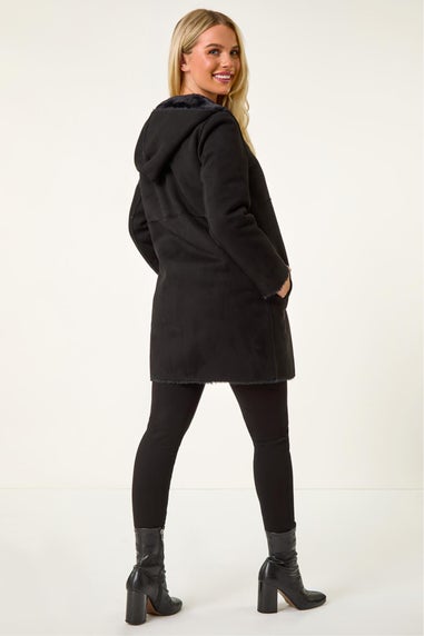 Roman Black Petite Faux Sheepskin Hooded Coat