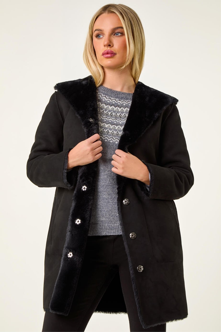 Roman Black Petite Faux Sheepskin Hooded Coat