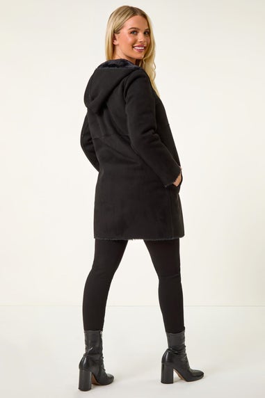 Roman Black Petite Faux Sheepskin Reversable Hooded Coat