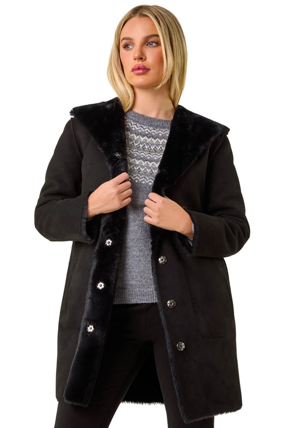 Roman Black Petite Faux Sheepskin Reversable Hooded Coat