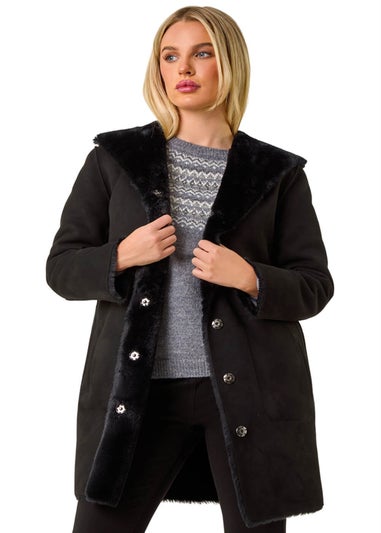 Roman Black Petite Faux Sheepskin Reversable Hooded Coat