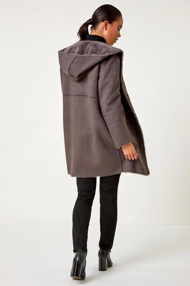 Roman Taupe Petite Faux Sheepskin Reversable Hooded Coat