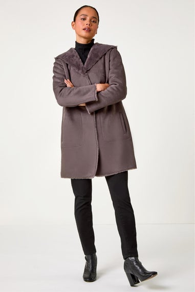 Roman Taupe Petite Faux Sheepskin Reversable Hooded Coat