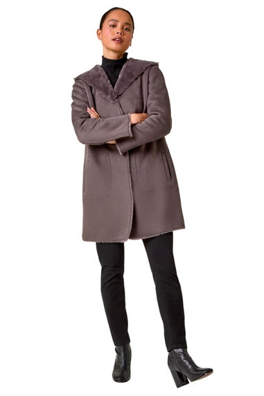 Roman Taupe Petite Faux Sheepskin Reversable Hooded Coat