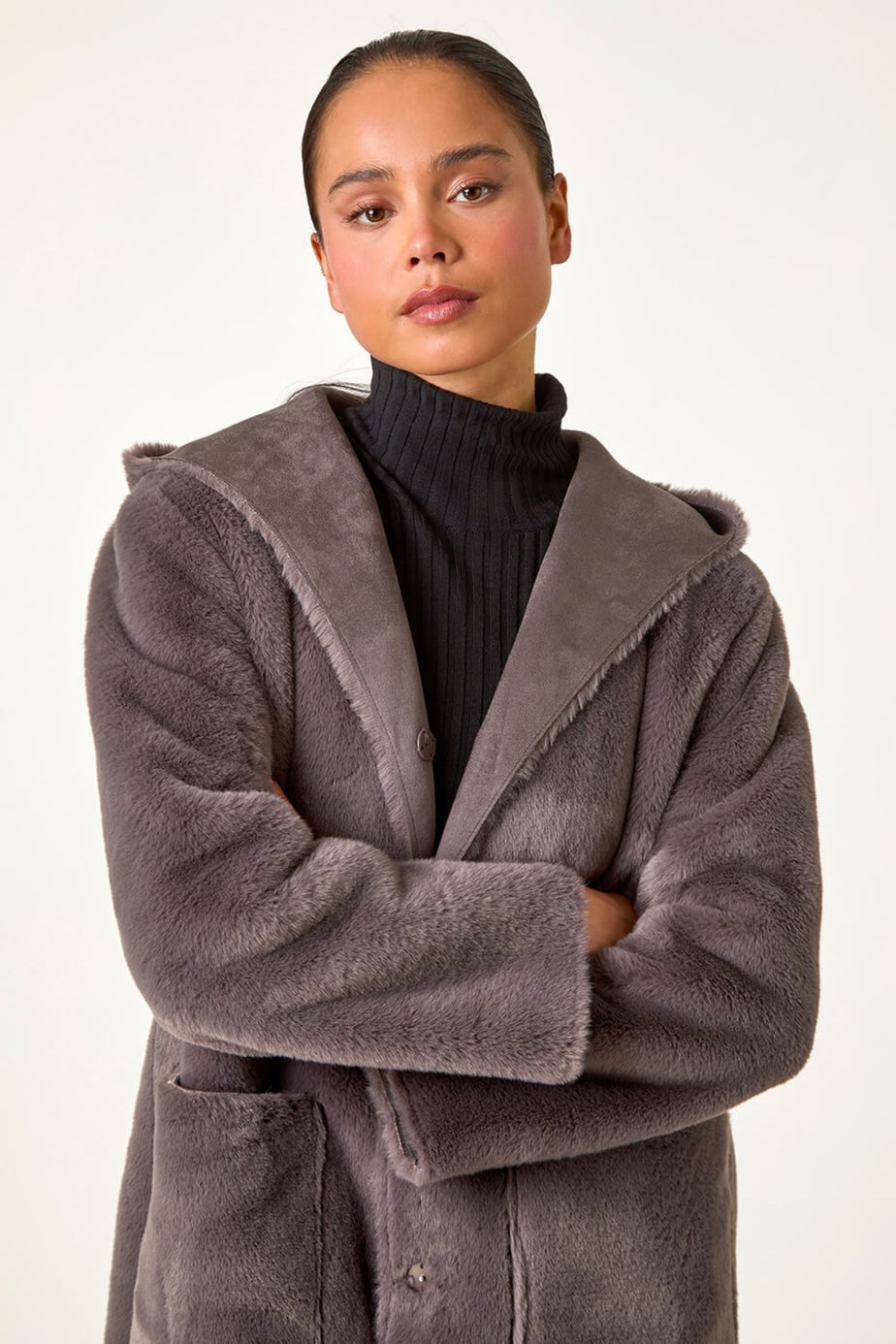 Roman Taupe Petite Faux Sheepskin Reversable Hooded Coat