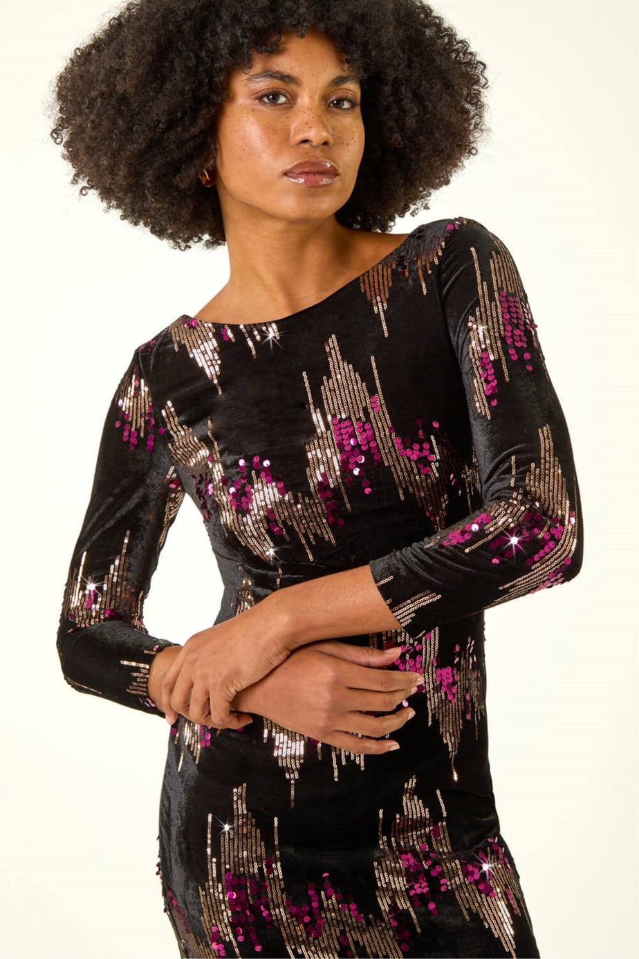 Roman Bronze Sequin Velvet Shift Stretch Dress