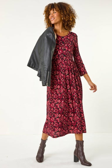 Roman Red Floral Print Button Stretch Midi Dress