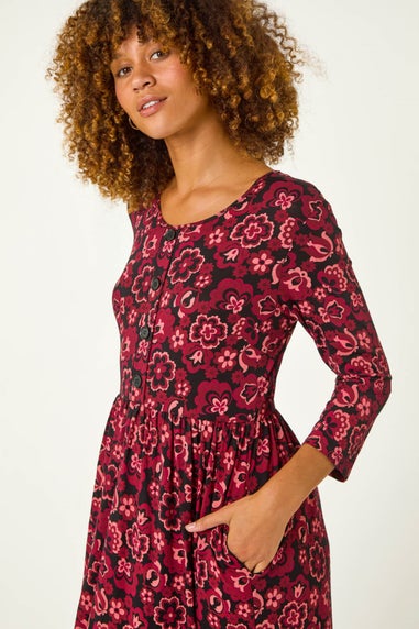 Roman Red Floral Print Button Stretch Midi Dress