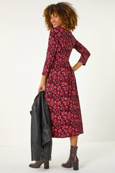 Roman Red Floral Print Button Stretch Midi Dress