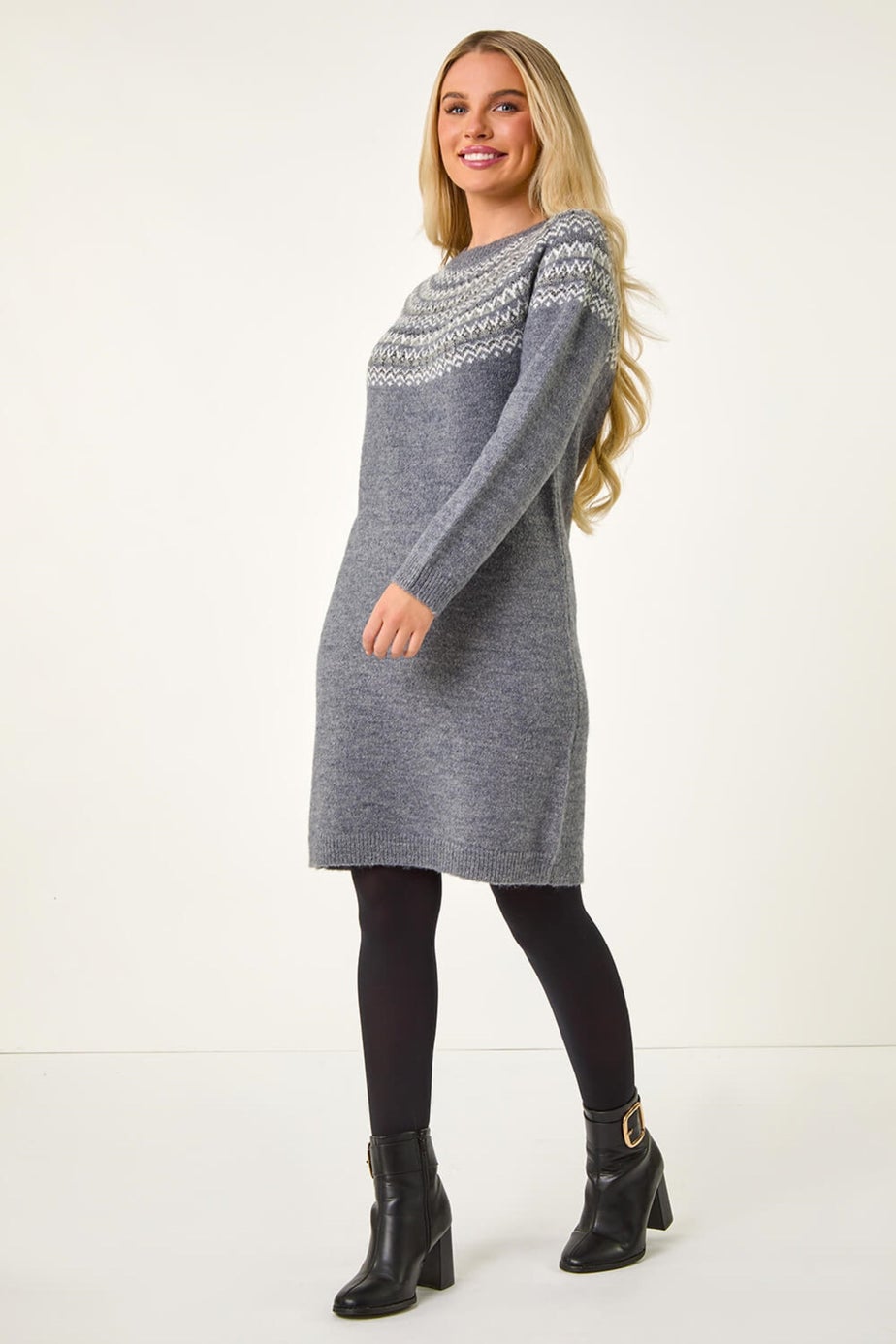 Roman Grey Petite Fairisle Knit Jumper Dress