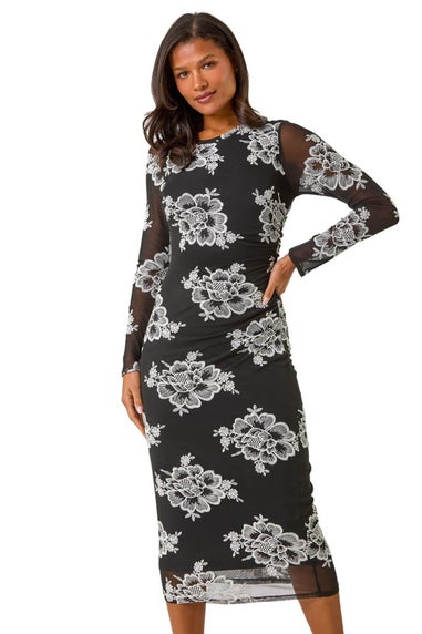 Roman Black Floral Lace Mesh Stretch Midi Dress