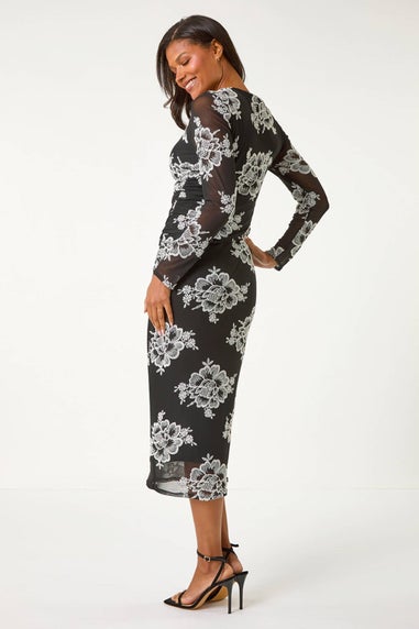 Roman Black Floral Lace Mesh Stretch Midi Dress