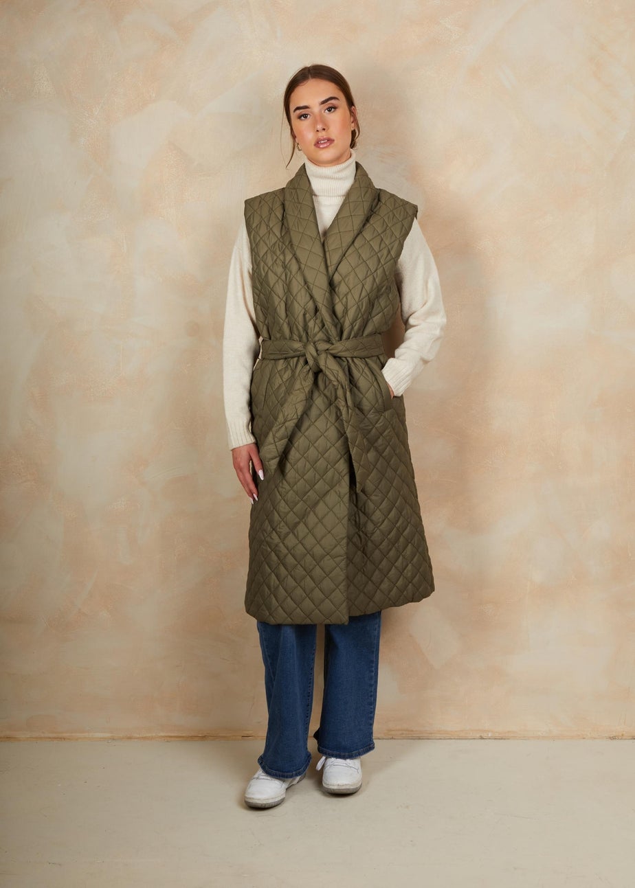 Chi Chi London Khaki Diamond Quilted Longline Belted Gilet