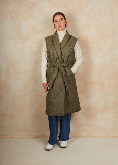 Chi Chi London Khaki Diamond Quilted Longline Belted Gilet