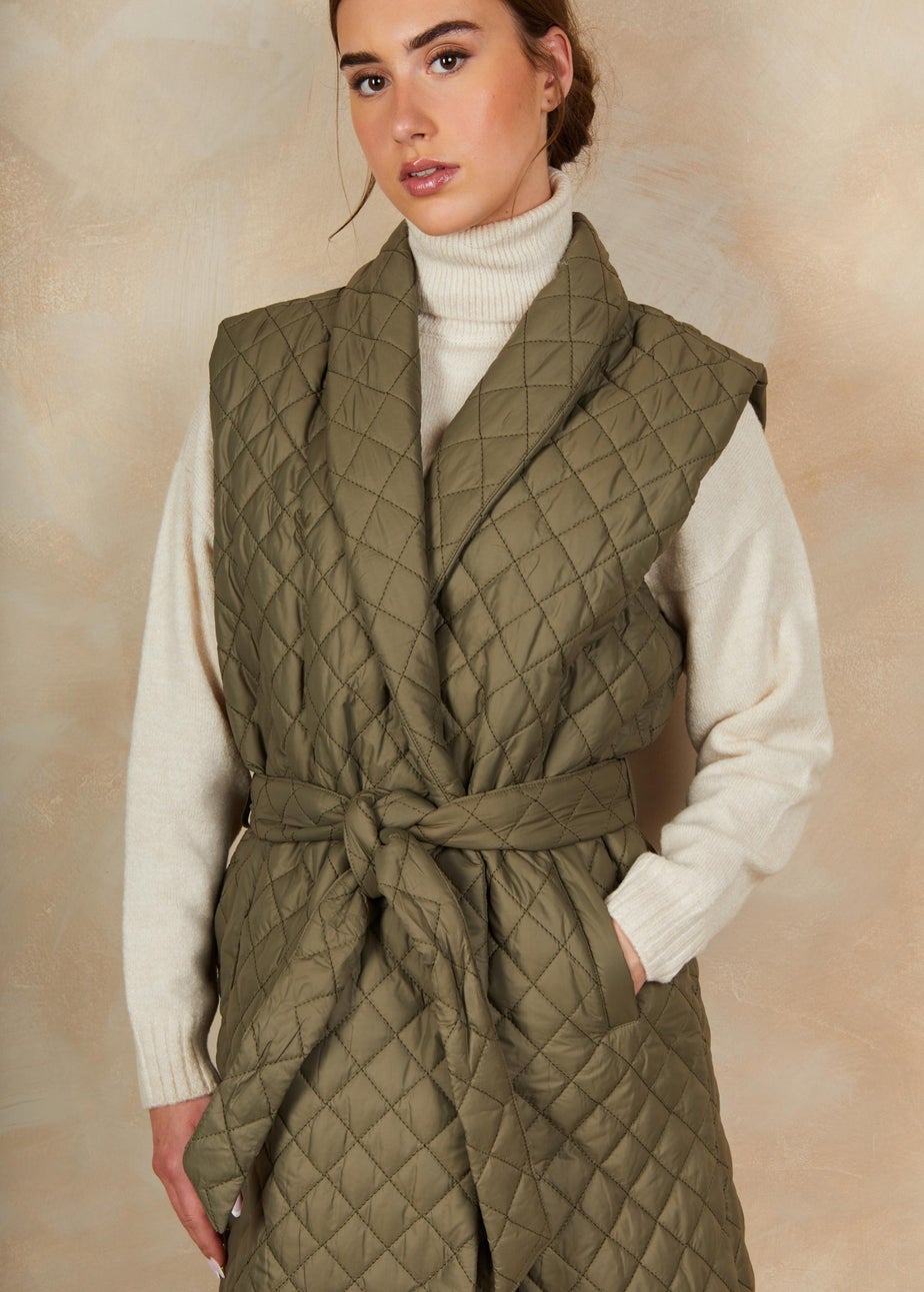 Chi Chi London Khaki Diamond Quilted Longline Belted Gilet