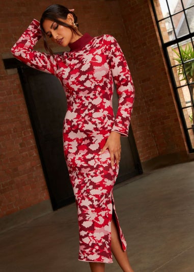Chi Chi London Pink Abstract Floral Knitted Midi Dress
