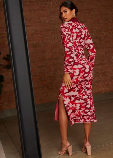 Chi Chi London Pink Abstract Floral Knitted Midi Dress