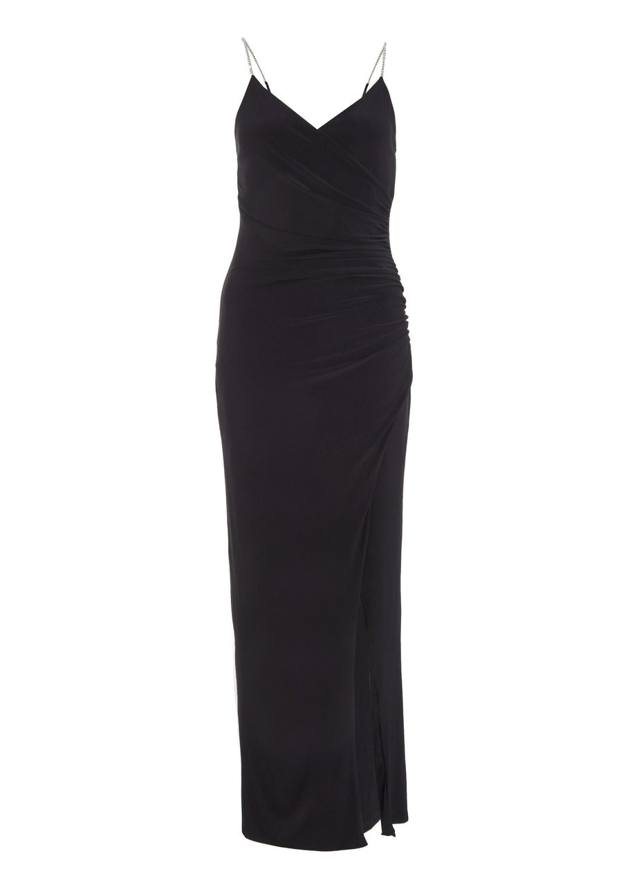 Quiz Black Petite Diamante Ruched Maxi Dress
