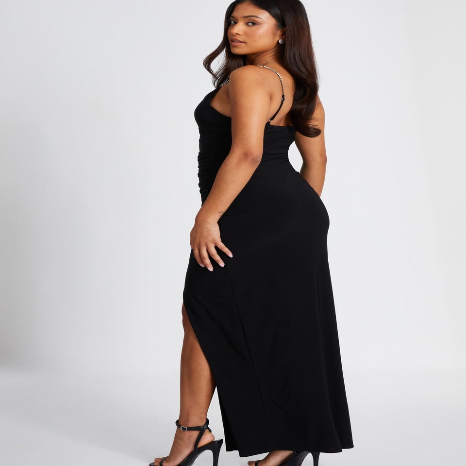 Quiz Black Petite Diamante Ruched Maxi Dress