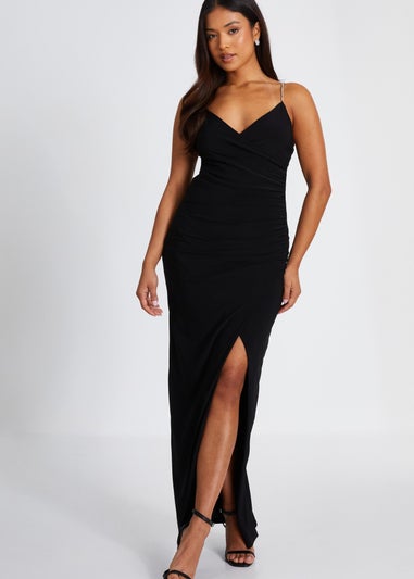 Quiz Black Petite Diamante Ruched Maxi Dress