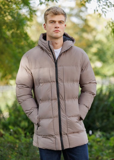 Brave Soul Taupe Longline Padded Hooded Jacket