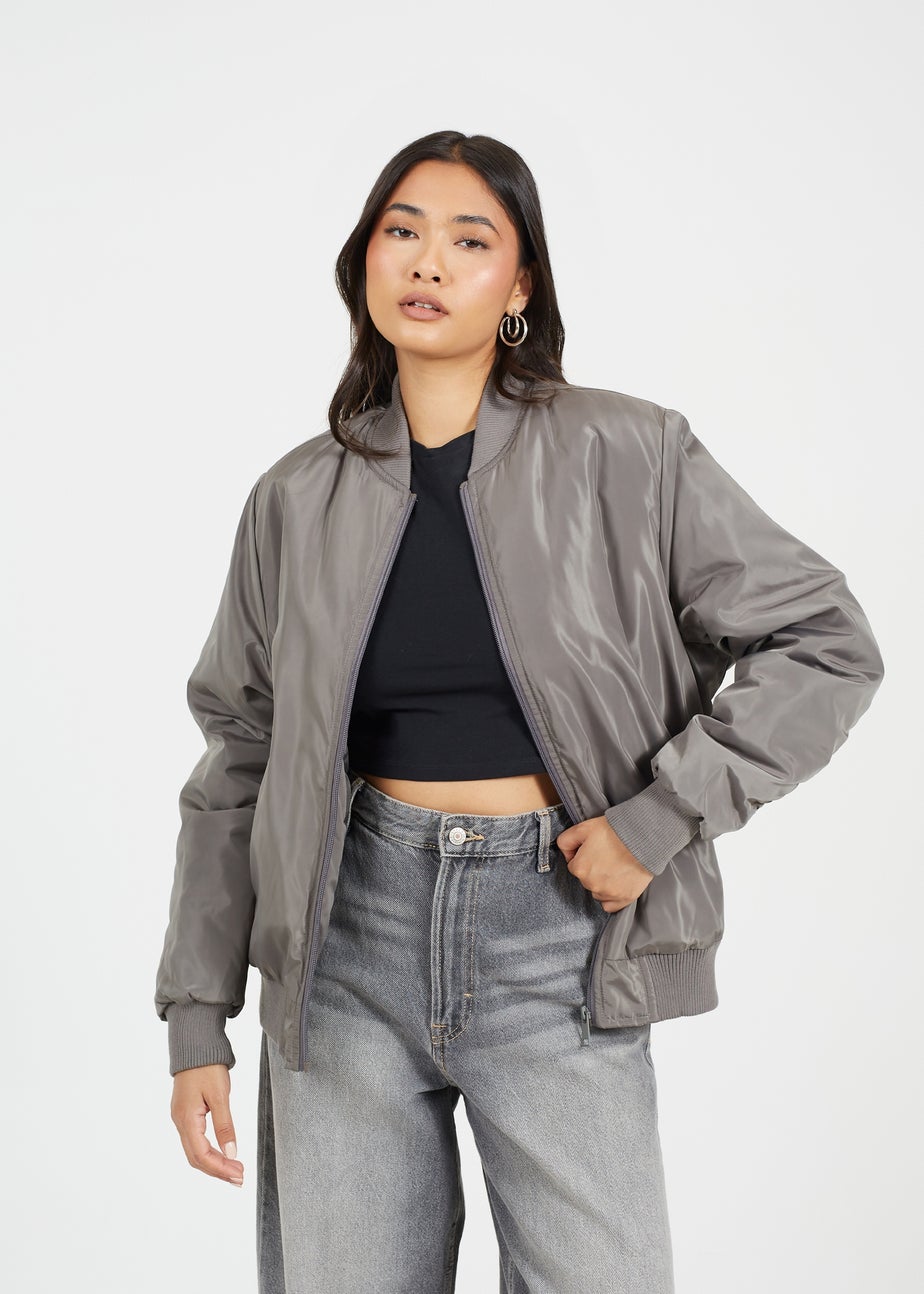 Brave Soul Charcoal Ruched Sleeve Oversized Bomber Jacket