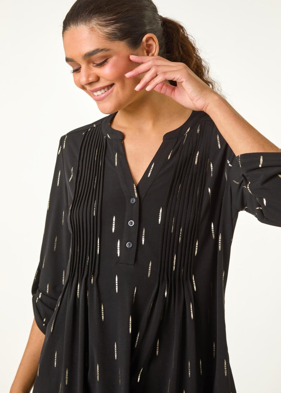 Roman Silver Dash Foil Print Pintuck Shirt