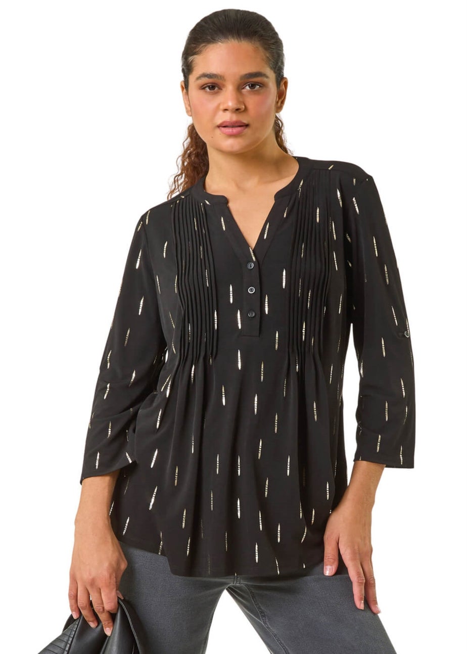 Roman Silver Dash Foil Print Pintuck Shirt