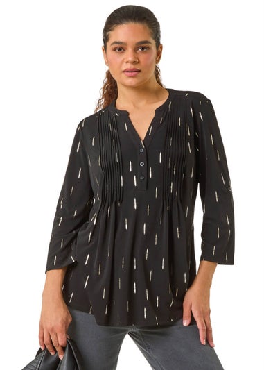 Roman Silver Dash Foil Print Pintuck Shirt