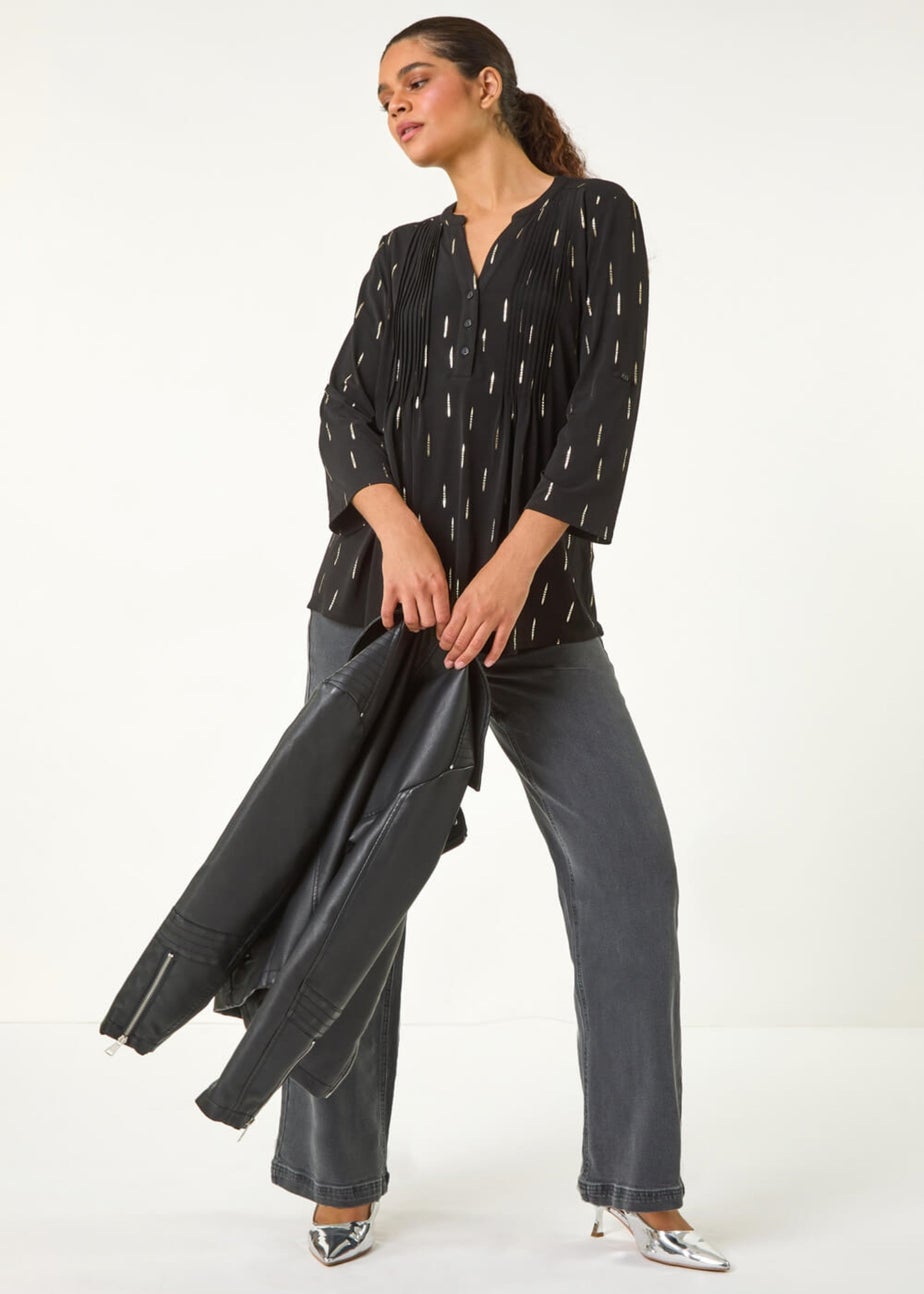 Roman Silver Dash Foil Print Pintuck Shirt