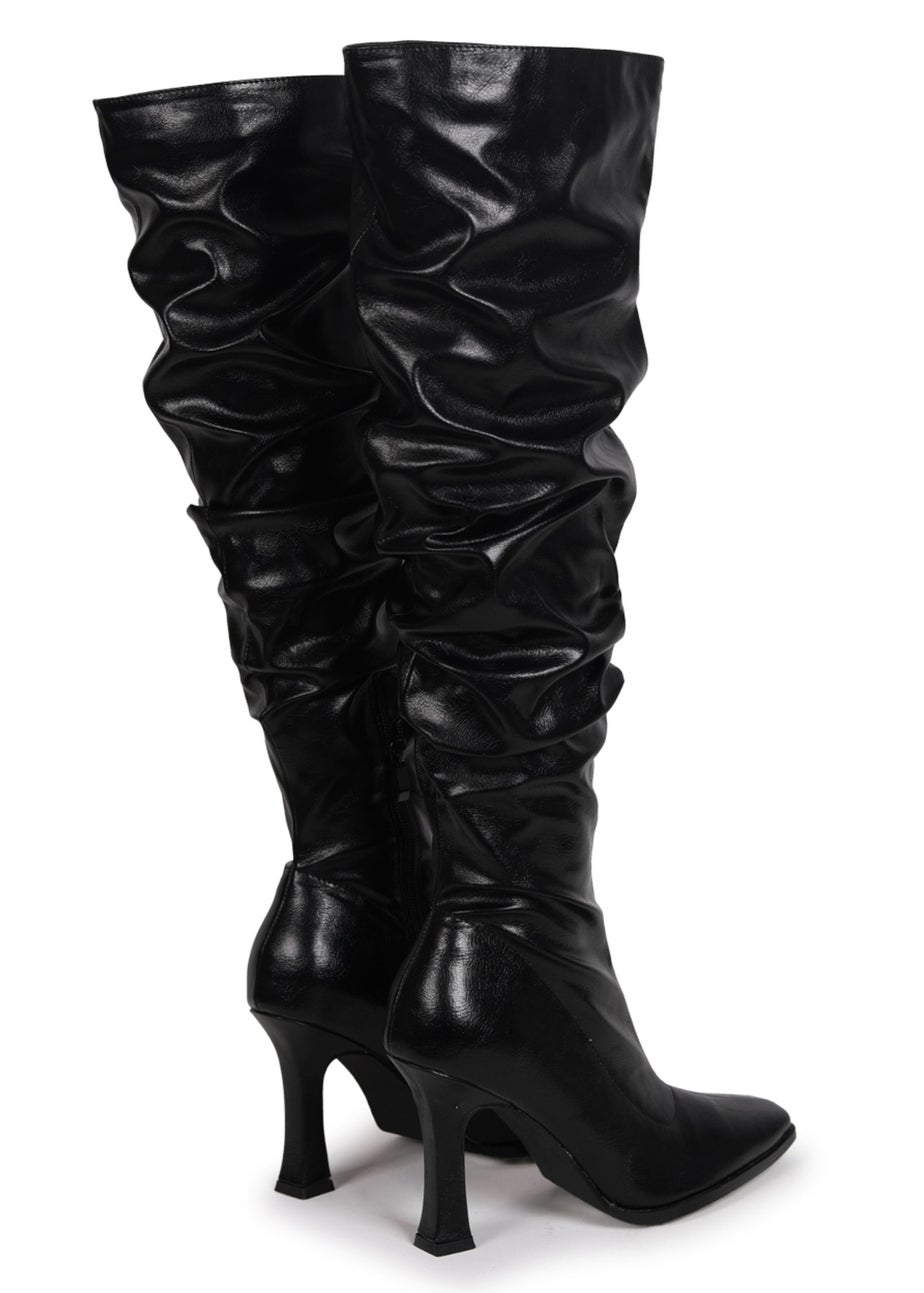 Linzi Berry Black Faux Leather Long Ruched Heel Boot